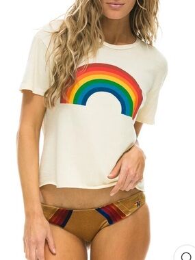 Aviator Nation Womens Rainbow Retro Relaxed Fit Surf Top Cropped L Cream USA